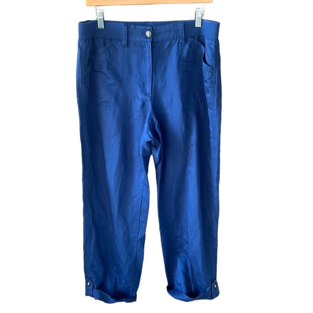 J.Jill Sz 8 Cobalt Blue Essential Linen Blend Chino Pants Roll Tab Hem